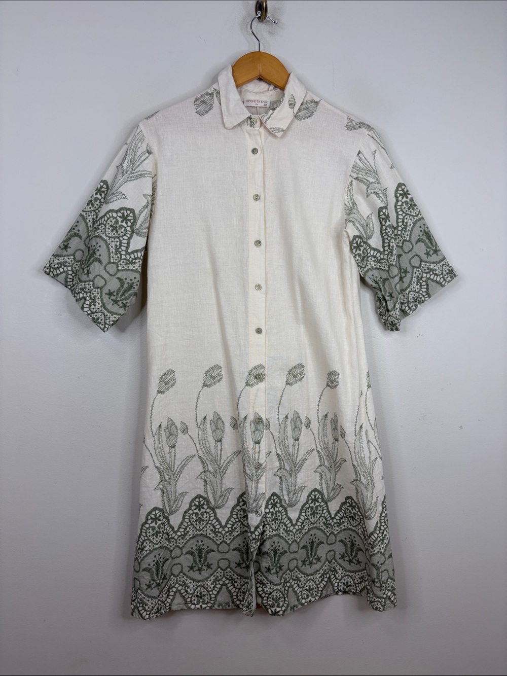 Linen Cotton Shirtdress Women Small Cream Green Floral Half Sleeve Midi Italy
